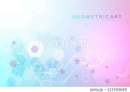 Modern scientific background with hexagons, lines and dots. Wave flow abstract background. Molecular structure for medical, technology, chemistry, science. Vector illustration Modern scientific background with hexagons, lines and dots. Wave flow abstract background. Molecular structure for medical, technology, chemistry, science. Vector illustration 123389689