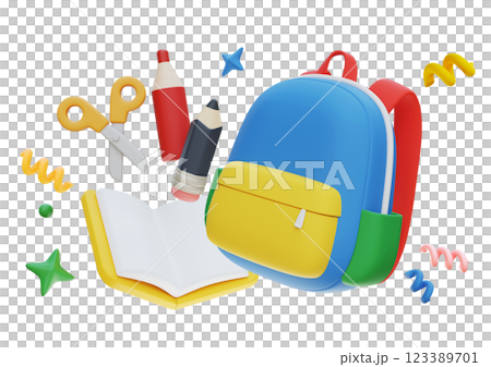 School bag and various school supplies 3D graphics 123389701