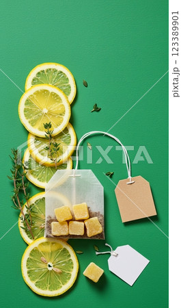 Herbal tea composition with lemon slices and thyme on a green background Herbal tea composition with lemon slices and thyme on a green background 123389901