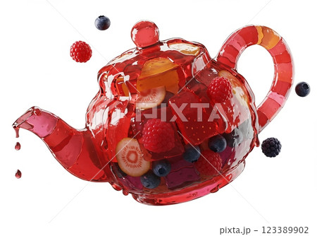 Transparent teapot with red fruit and berries infusion on white background Transparent teapot with red fruit and berries infusion on white background 123389902