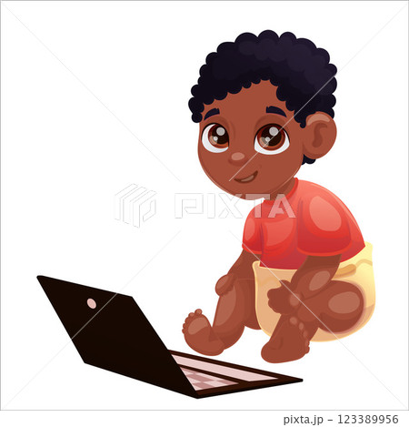 Vector illustration of dark skinned child of Beta generation with tablet, laptop Vector illustration of dark skinned child of Beta generation with tablet, laptop 123389956