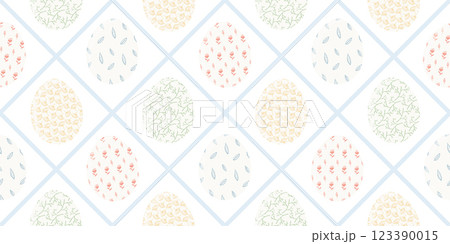 Light colors Happy Easter rhombus tile seamless pattern with colorful decorated eggs. Cute pastel spring ornate egg texture for Easters package, gift wrapping paper, textile, background 123390015
