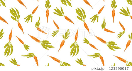 Cute drawing seamless pattern with fresh bright orange carrots with green leaves. Colorful hand drawn illustration with tasty vegetables for kitchen textile design, wrapping paper, package 123390017