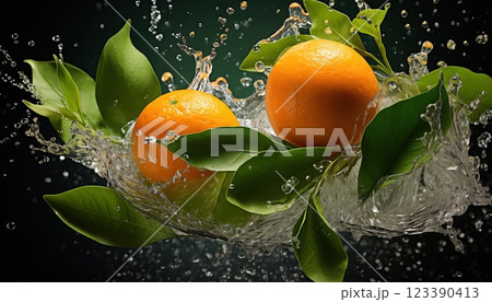 Fresh oranges with splashes and water drops on dark background Fresh oranges with splashes and water drops on dark background 123390413