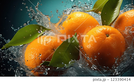 Fresh oranges with splashes and water drops on dark background 123390414