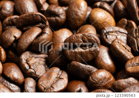 Organic coffee beans detailed texture close up 123390563