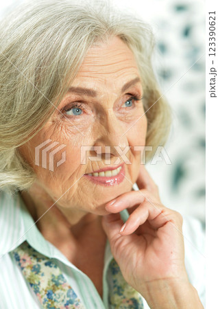 Portrait of smiling senior woman posing at home Portrait of smiling senior woman posing at home 123390621