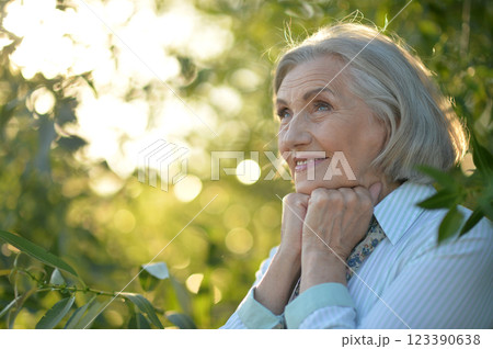 Portrait of a beautiful elderly woman in the park 123390638