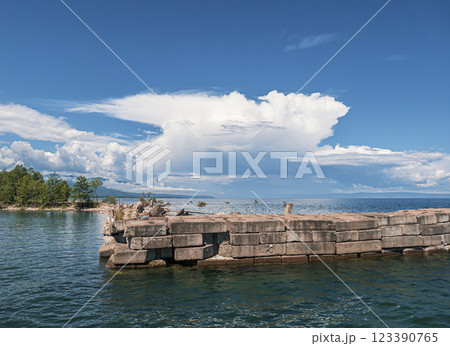Clouds loom over a tranquil lakeside pier in a serene afternoon landscape 123390765