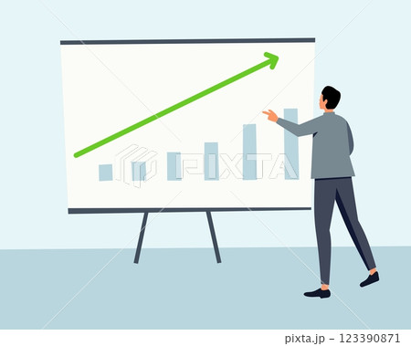 Businessman presenting a data analysis chart with rising graph. A professional corporate illustration for finance, business growth, marketing strategy, and economic progress Businessman presenting a data analysis chart with rising graph. A professional corporate illustration for finance, business growth, marketing strategy, and economic progress 123390871