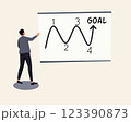 business strategy concept illustration of a man presenting a goal achievement diagram on a whiteboard. Ideal for success planning, motivation, leadership, and teamwork 123390873