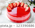 Red mirror glaze cake with fresh strawberries 123390886