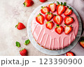 Strawberry cake with pink glaze and fresh fruit 123390900