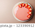 Strawberry mousse cake with glossy pink glaze 123390912