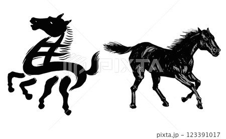 2026年午年、年賀状用パーツ筆文字＋馬イラスト 123391017