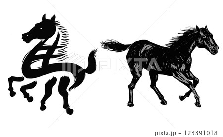 2026年午年、年賀状用パーツ筆文字+馬イラスト 2026年午年、年賀状用パーツ筆文字+馬イラスト 123391018