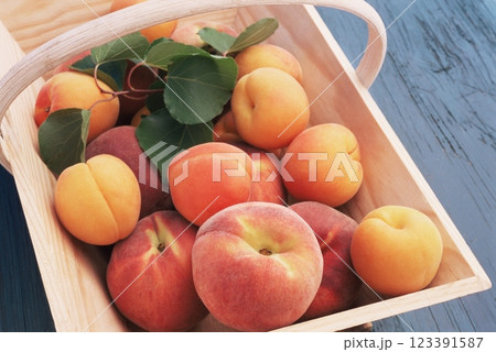 Peaches and Apricots in a Basket, Food Photography 123391587
