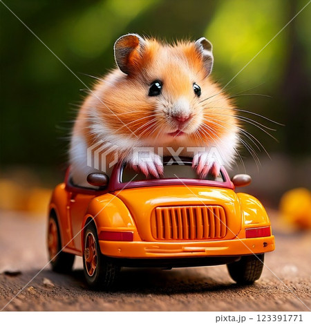 おもちゃの車に乗って楽しく遊んでいる可愛いハムスター 123391771