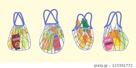 Cartoon Different Color Shopping String Bags with Products Set Grocery Concept Flat Design Style Include of Bakery, Juice, Cheese and Fruit. Vector illustration 123391772
