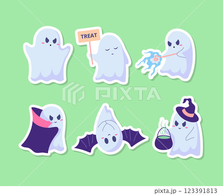 Cartoon Color Characters Ghosts Flying Phantoms with Cauldron Magical Potion Stickers Set Halloween Autumn Holiday Concept Flat Design Style. Vector illustration 123391813