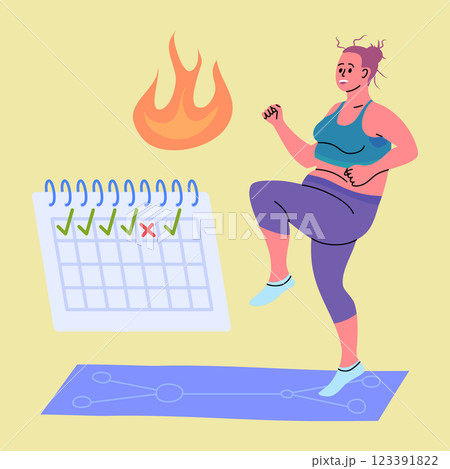 Cartoon Color Character Girl and Cardio Workout Fitness and Training Concept Flat Design Style. Vector illustration 123391822