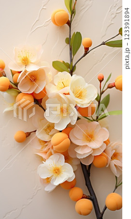 Spring flowers and apricot fruits on light background, apricot and peach color concept Spring flowers and apricot fruits on light background, apricot and peach color concept 123391894