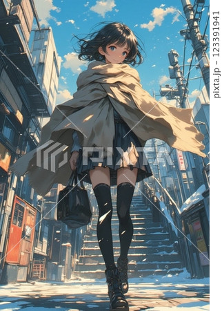 冬の寒い季節の晴れた日の風が強い午後、アニメイラストの女子生徒が学校に歩いている画像です。 123391941