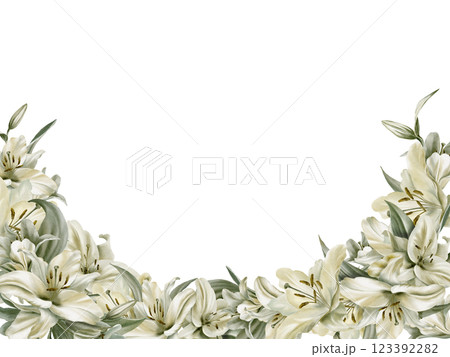 White lilies in semicircular template in watercolor floral frame isolated on transparent background.Hand drawn clipart sage leaf colors.For wedding invitations,baptism,birthday,funeral 123392282