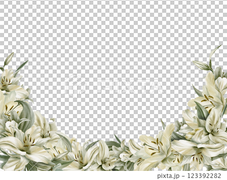 White lilies in semicircular template in watercolor floral frame isolated on transparent background.Hand drawn clipart sage leaf colors.For wedding invitations,baptism,birthday,funeral 123392282