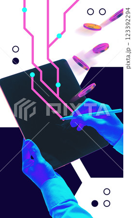 Futuristic artwork. Hands using digital tablet with blockchain-inspired connections, symbolizing technological finance integration. 123392294