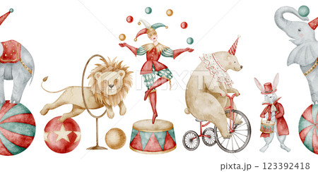 Watercolor Circus Border with cute Carnival animals. Seamless pattern with playful elephant, lion, bear, rabbit, and seal performing acts. Drawing for childish party banner or baby greeting cards. Watercolor Circus Border with cute Carnival animals. Seamless pattern with playful elephant, lion, bear, rabbit, and seal performing acts. Drawing for childish party banner or baby greeting cards. 123392418