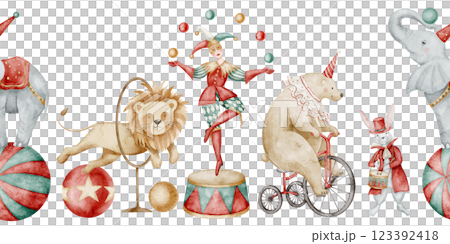 Watercolor Circus Border with cute Carnival animals. Seamless pattern with playful elephant, lion, bear, rabbit, and seal performing acts. Drawing for childish party banner or baby greeting cards. Watercolor Circus Border with cute Carnival animals. Seamless pattern with playful elephant, lion, bear, rabbit, and seal performing acts. Drawing for childish party banner or baby greeting cards. 123392418