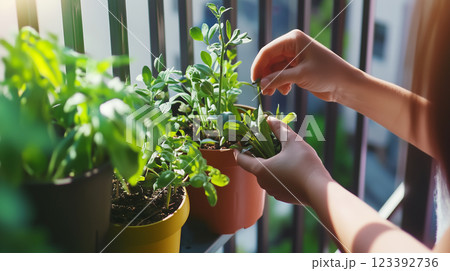 A woman tending to potted plants on a sunny balcony, showcasing urban gardening and sustainable living in small spaces. A woman tending to potted plants on a sunny balcony, showcasing urban gardening and sustainable living in small spaces. 123392736