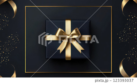 Luxurious gift box in sleek dark hue with metallic rose gold ribbon for upscale occasions. Intricate bow adds elegance and festivity, exuding class against a dark background. 123393037