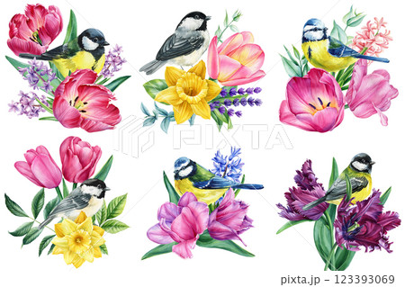 watercolor birds, spring floral bouquet. Delicate songbird with garden flowers, realistic nature inspired bird, flower watercolor birds, spring floral bouquet. Delicate songbird with garden flowers, realistic nature inspired bird, flower 123393069