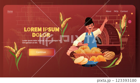 Baker with bread basket smiling bakery scene. Cheerful baker in apron holding basket of various breads next to a brick oven with wheat accents. Website design template Baker with bread basket smiling bakery scene. Cheerful baker in apron holding basket of various breads next to a brick oven with wheat accents. Website design template 123393180
