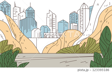 Cityscape with modern buildings and nature integration featuring skyscrapers hills greenery and a road in the foreground urban landscape concept Cityscape with modern buildings and nature integration featuring skyscrapers hills greenery and a road in the foreground urban landscape concept 123393186