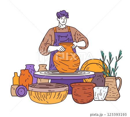 Pottery making artisan crafting clay pots colorful ceramics various shapes pottery wheel artistic hobby creative workspace home decor 123393193