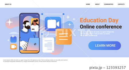 mix race students couple discussing during online video call on smartphone screen virtual conference education day live webinar e-learning 123393257