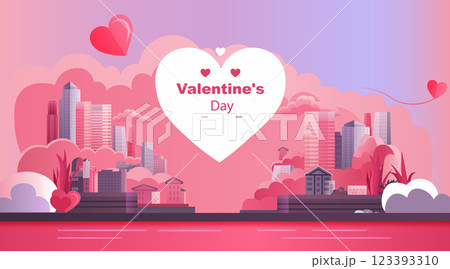 red air balloons in heart shape happy valentine day greeting card shopping poster or voucher holiday celebration concept cityscape red air balloons in heart shape happy valentine day greeting card shopping poster or voucher holiday celebration concept cityscape 123393310