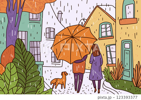Rainy day couple umbrella walking dog colorful houses street autumn foliage charming scene cozy atmosphere 123393377
