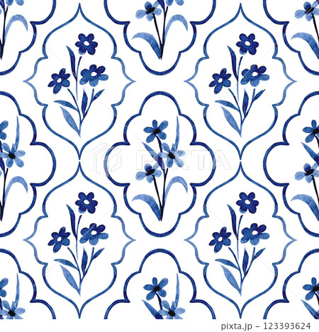 classic watercolor pattern with blue frames, stripes and flowers. cute print for wallpaper and textiles 123393624
