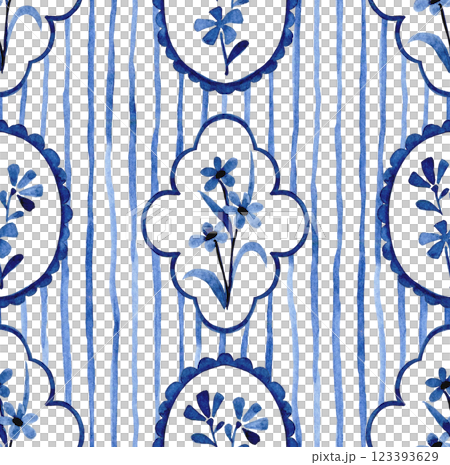 classic watercolor pattern with blue frames, stripes and flowers. cute print for wallpaper and textiles 123393629