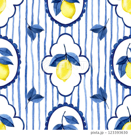 classic watercolor pattern with blue frames, stripes and yellow lemons. Mediterranean print classic watercolor pattern with blue frames, stripes and yellow lemons. Mediterranean print 123393630
