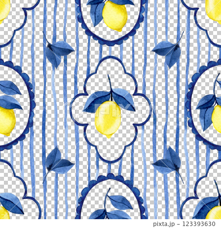 classic watercolor pattern with blue frames, stripes and yellow lemons. Mediterranean print classic watercolor pattern with blue frames, stripes and yellow lemons. Mediterranean print 123393630