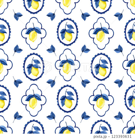 classic watercolor pattern with blue frames, stripes and yellow lemons. Mediterranean print 123393631