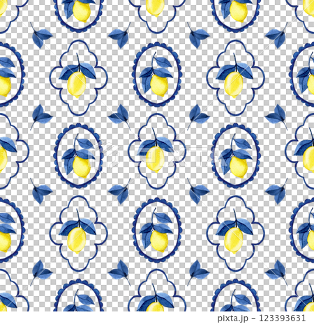 classic watercolor pattern with blue frames, stripes and yellow lemons. Mediterranean print 123393631