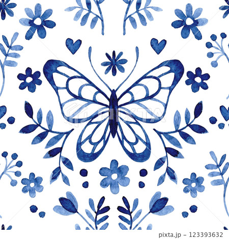 cute watercolor seamless pattern with blue flowers and butterflies. simple print cute watercolor seamless pattern with blue flowers and butterflies. simple print 123393632