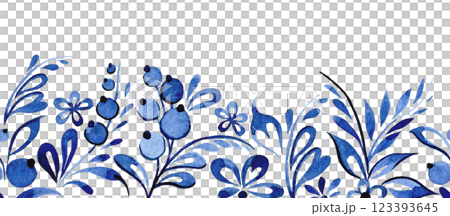 seamless border of blue ornaments in Russian style. watercolor brush drawing for porcelain painting 123393645