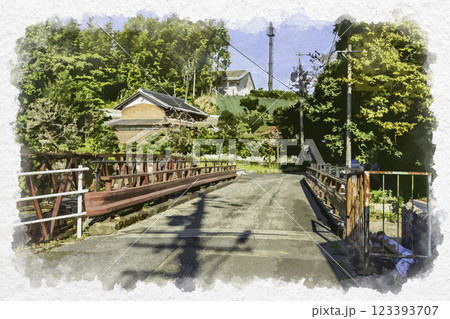 水彩画風　関ケ原　不破関　東山道と藤古川（関の藤川）　岐阜県関ケ原町 123393707